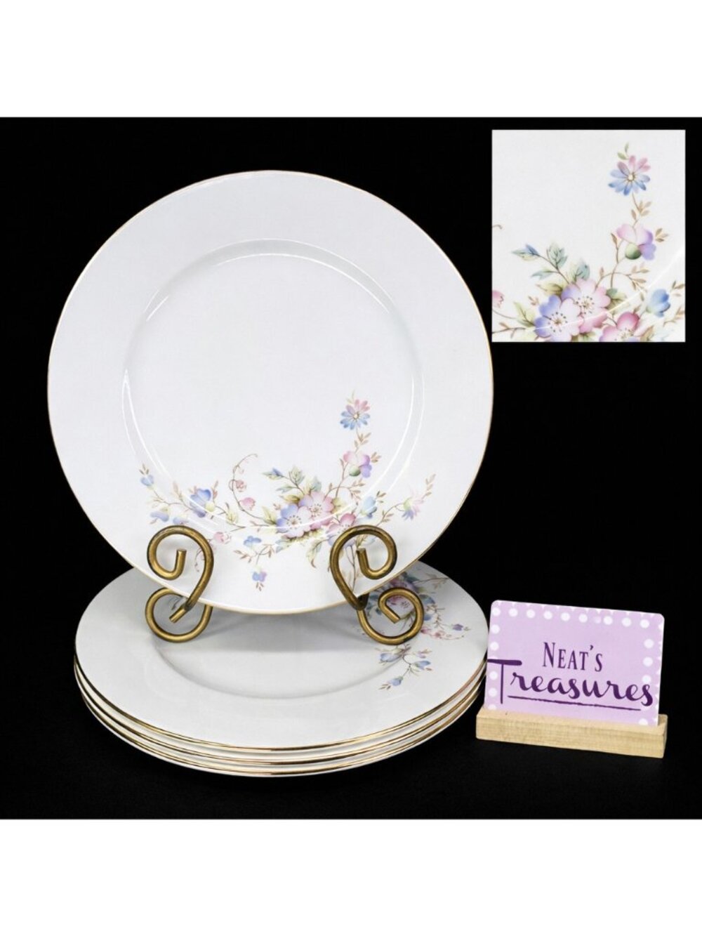 Berkshire FLORAL Pink Blue English Bone China Gold Trim White Dinner Plate Set 4